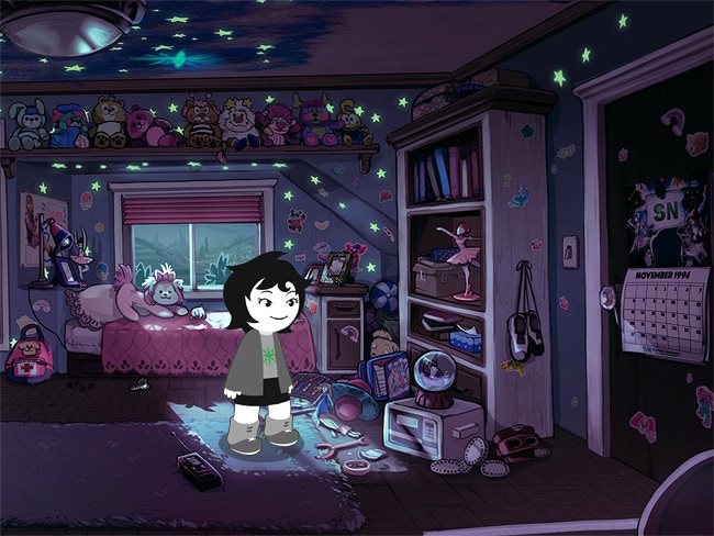 A 2D Joey stands in her bedroom