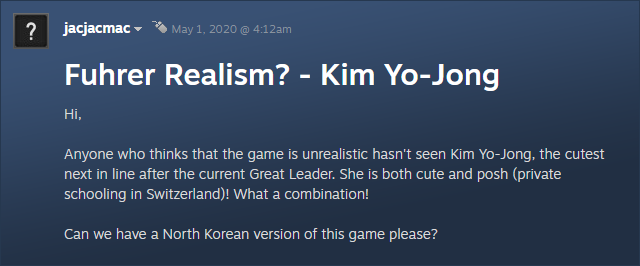 Anyone who thinks that the game is unrealistic hasn't seen Kim Yo-Jong