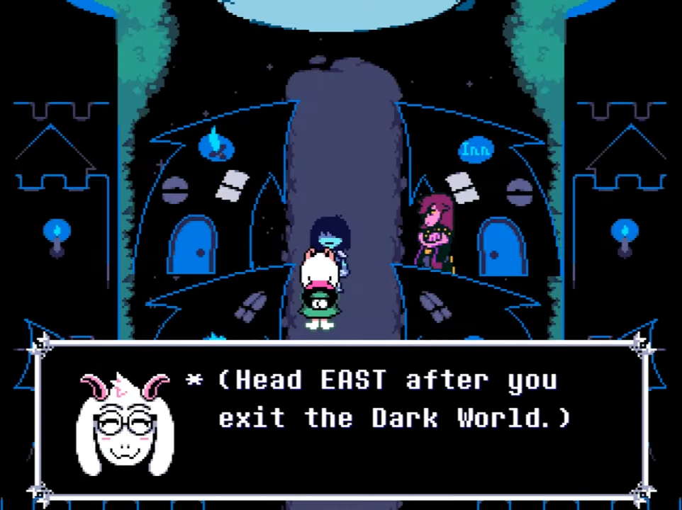 Ralsei saying "(Head EAST after you exit the Dark World)"