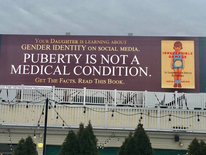 Billboard: Your daughter is learning about gender identity on social media. Puberty is not a medical condition (Irreversible Damage)