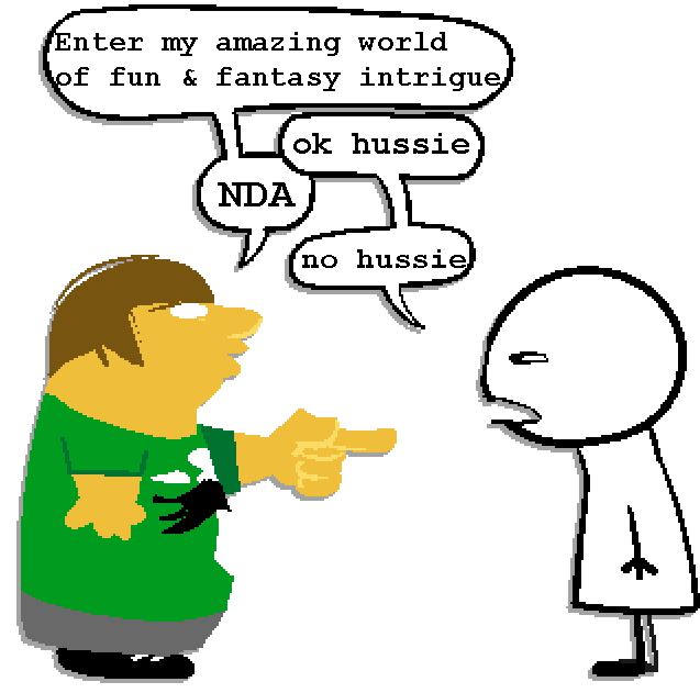 Comic panel. Andrew: "Enter my amazing world of fun & fantasy intrigue" mspar: "ok hussie" Andrew: "NDA" mspar: "no hussie"