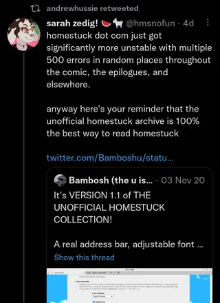 andrewhussie retweeted sarah zedig: the unofficial homestuck archive is 100% the best way to read homestuck